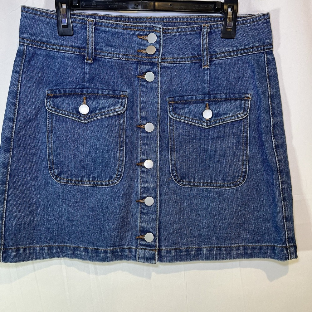 Women's Pink Lily Large Button Down Front Denim Mini Skirt Blue Jean Western